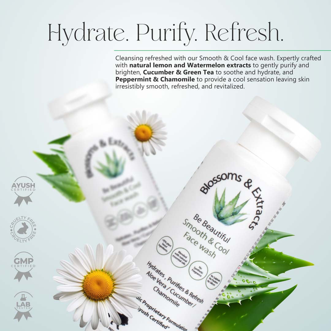 Blossoms & Extracts SMOOTH & COOL FACE WASH Wake Up Your Skin with a Burst of Freshness, Lemon Extract, Cucumber Extract, Watermelon Extract, Rose Water Extract