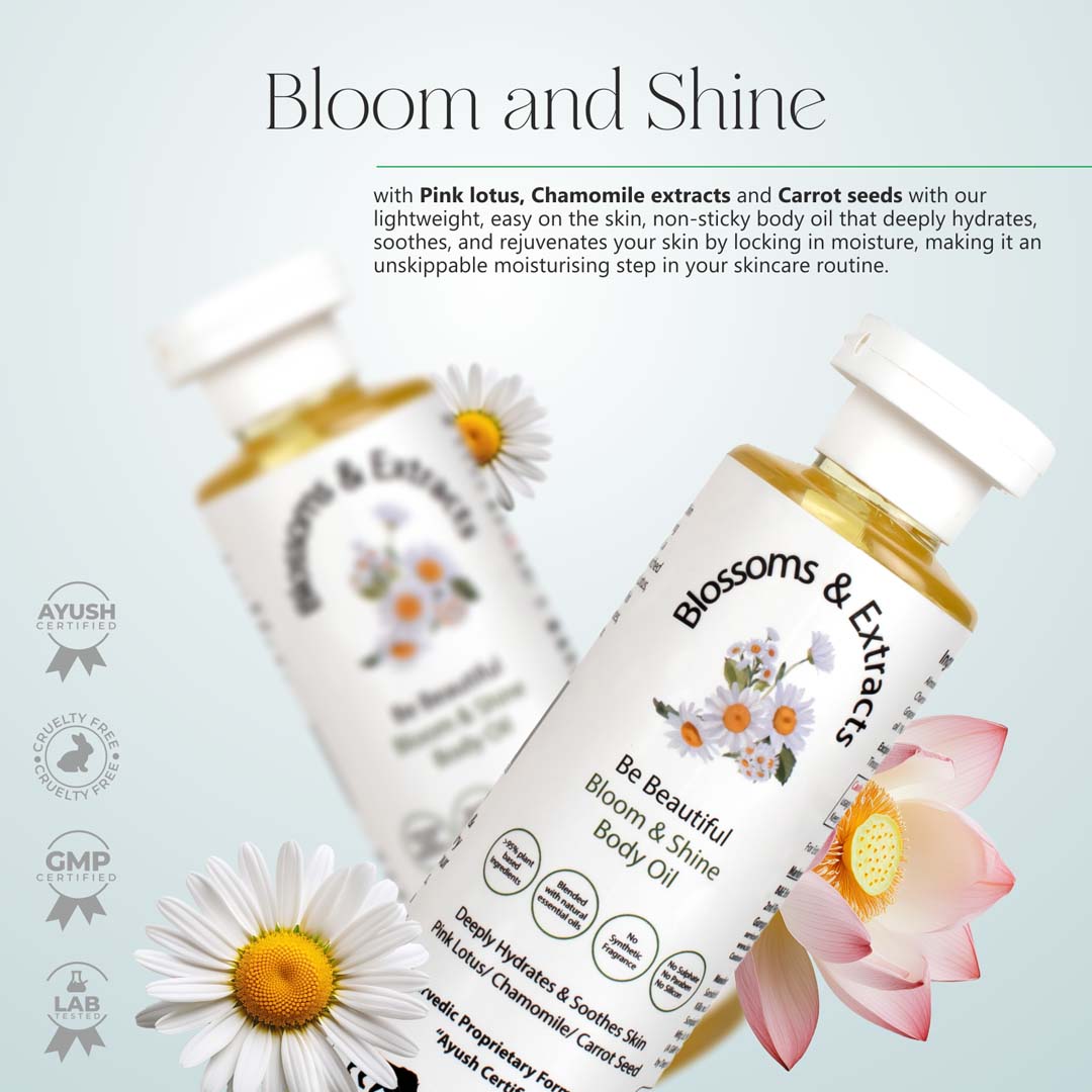 Blossoms & Extracts BLOOM & SHINE BODY OIL Glow, Pink Lotus Extract, Himalayan Lavender Oil, Chamomile Oil, Sunflower Oil