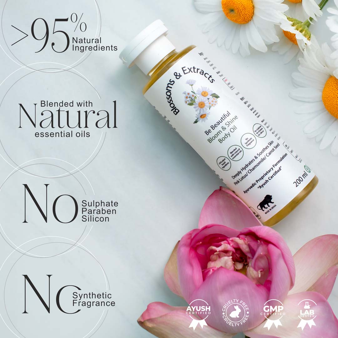 Blossoms & Extracts BLOOM & SHINE BODY OIL Glow, Pink Lotus Extract, Himalayan Lavender Oil, Chamomile Oil, Sunflower Oil