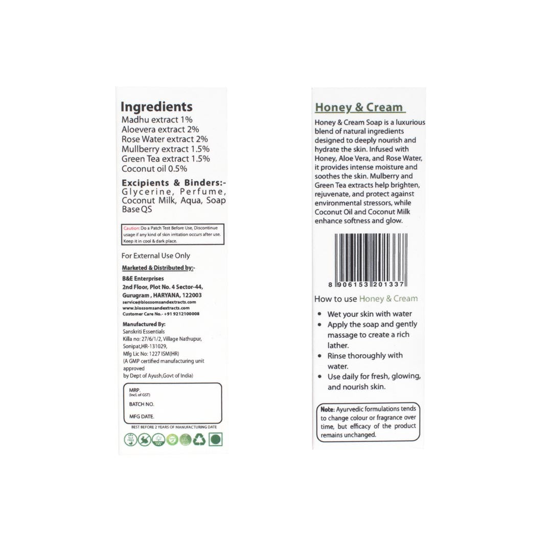 Blossoms & Extracts HONEY & CREAM SOAP  (Honey Extract, Aloe Vera Extract, Rose Water Extract)