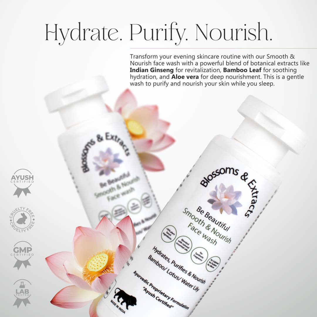 Blossoms & Extracts SMOOTH & NOURISH FACE WASH, Indian Ginseng Extract, Bamboo Extract, Gotu Kola Extract, Licorice Extract