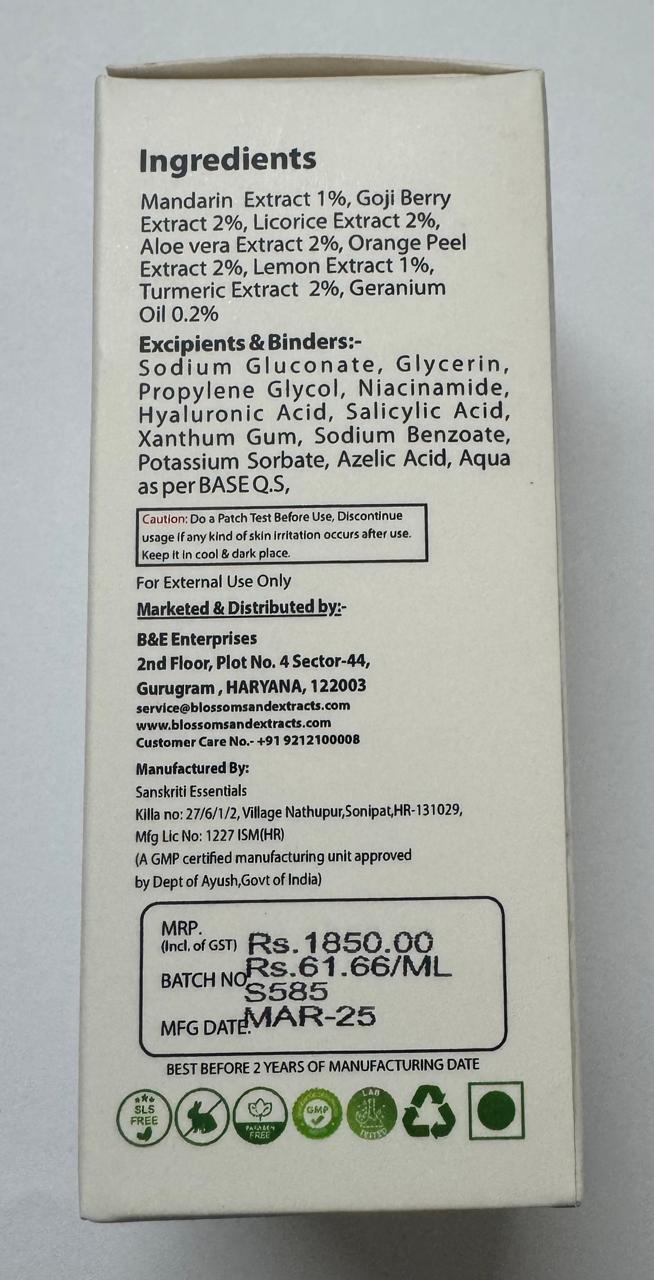 Blossoms & Extracts BRIGHT & BLOOM FACE SERUM Glow Brighter, Shine Naturally, Mandarin Extract, Goji Berry Extract, Licorice Extract, Aloe Vera Extract